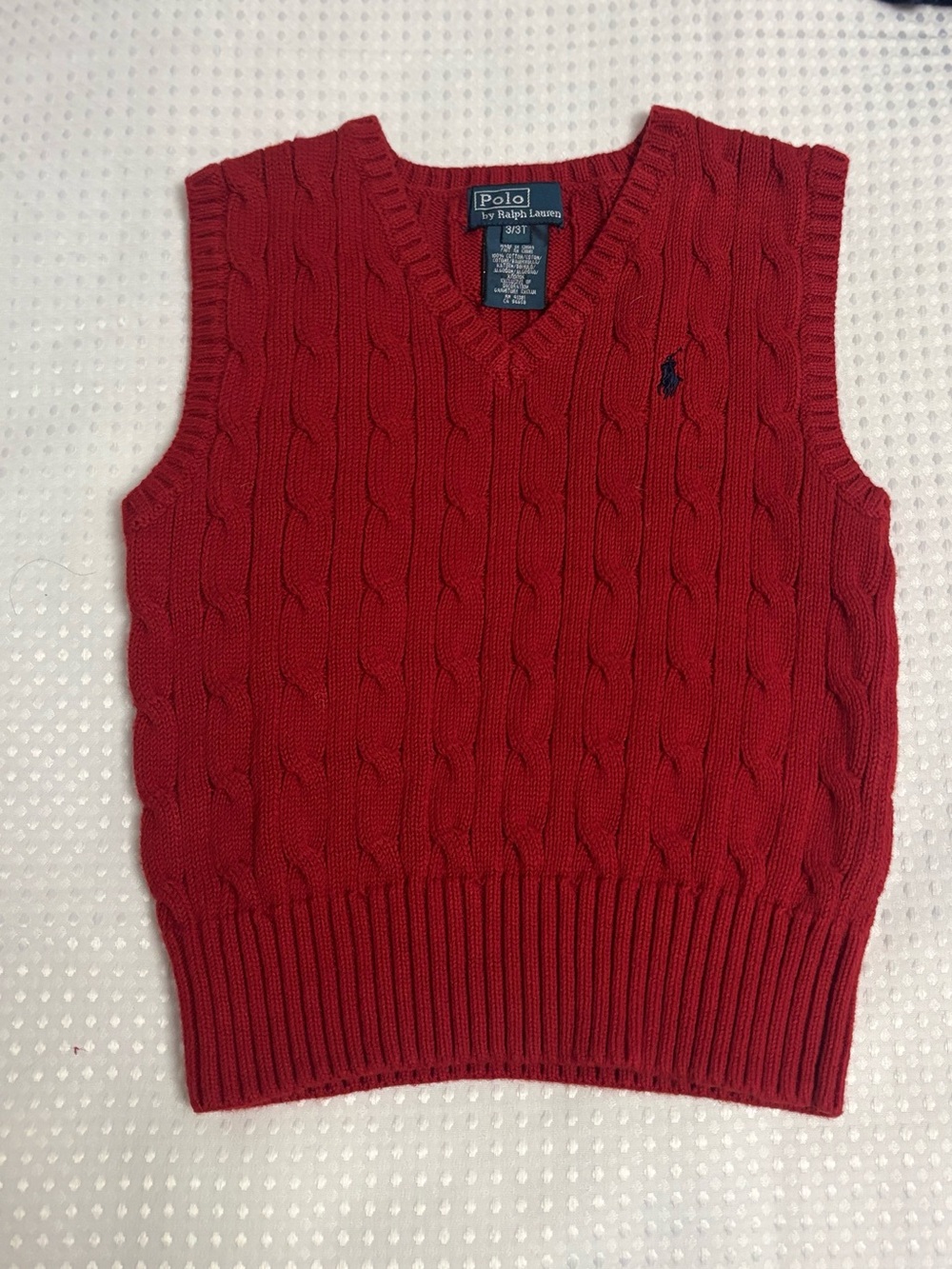 Polo by Ralph Lauren Red Cable-Knit V-Neck Sweater Vest with Navy Pony Boys 3T